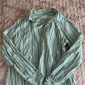 Charter Club Teal and Olive Striped Shirt